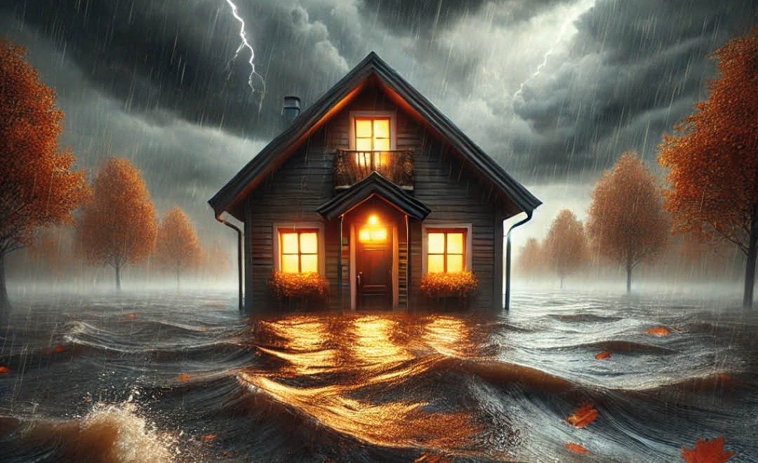 Beleuchtetes Haus im Hochwasser bei Gewitter